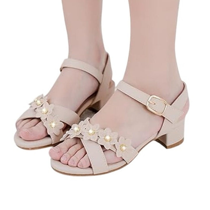 Laurmosa Girls Size 4 Pinky Tan Open Toe 1" Heel Wedding Fancy Sandal Shoes