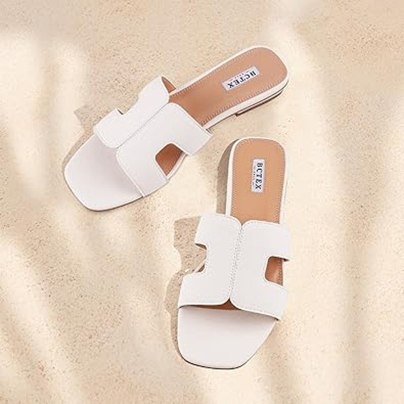 Bctex Womens 7 White Faux Leather Slide On Open Toe Low Heel Mule Sandal Shoes