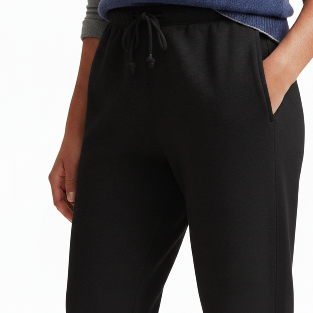 Black Sweatpants Front Closeup with Knotted Drawstring