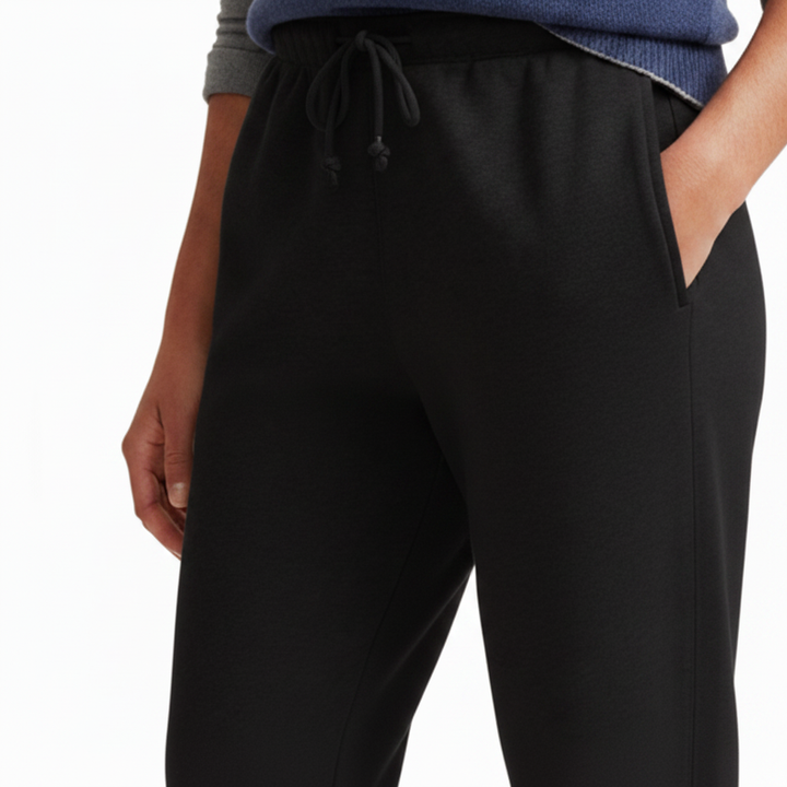Black Sweatpants Front Closeup with Knotted Drawstring