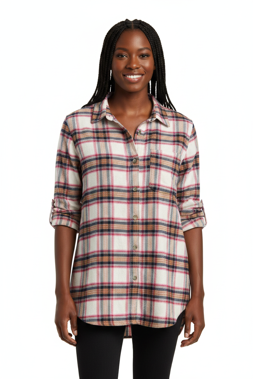 Black woman standing with buttoned flannel shirt on white background