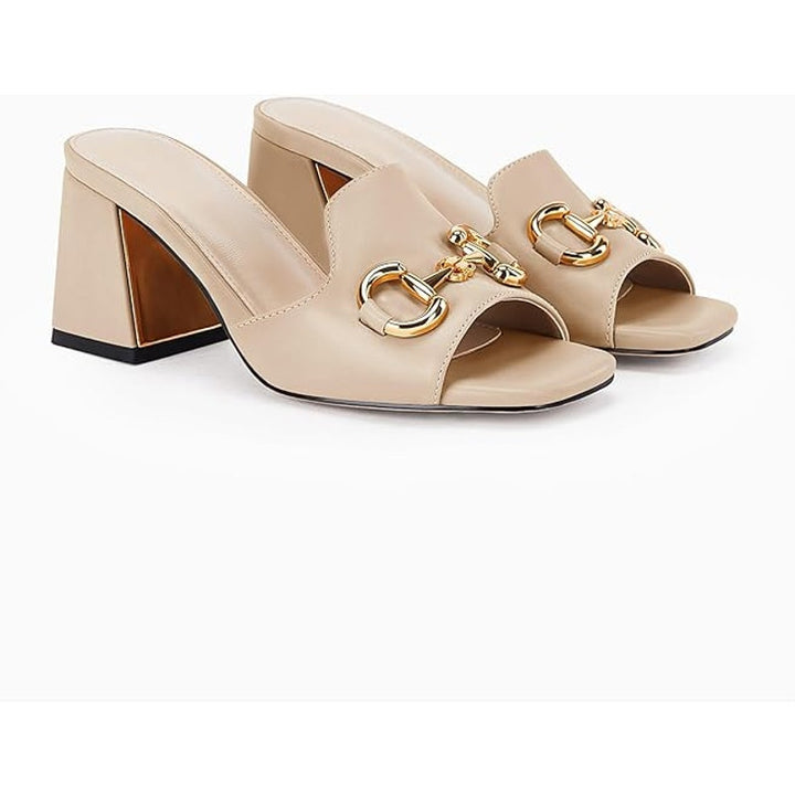 New Gihubafuil Womens Size 7 Tan Gold Buckle Peep Toe 3" Block Heel Shoes w Flaw