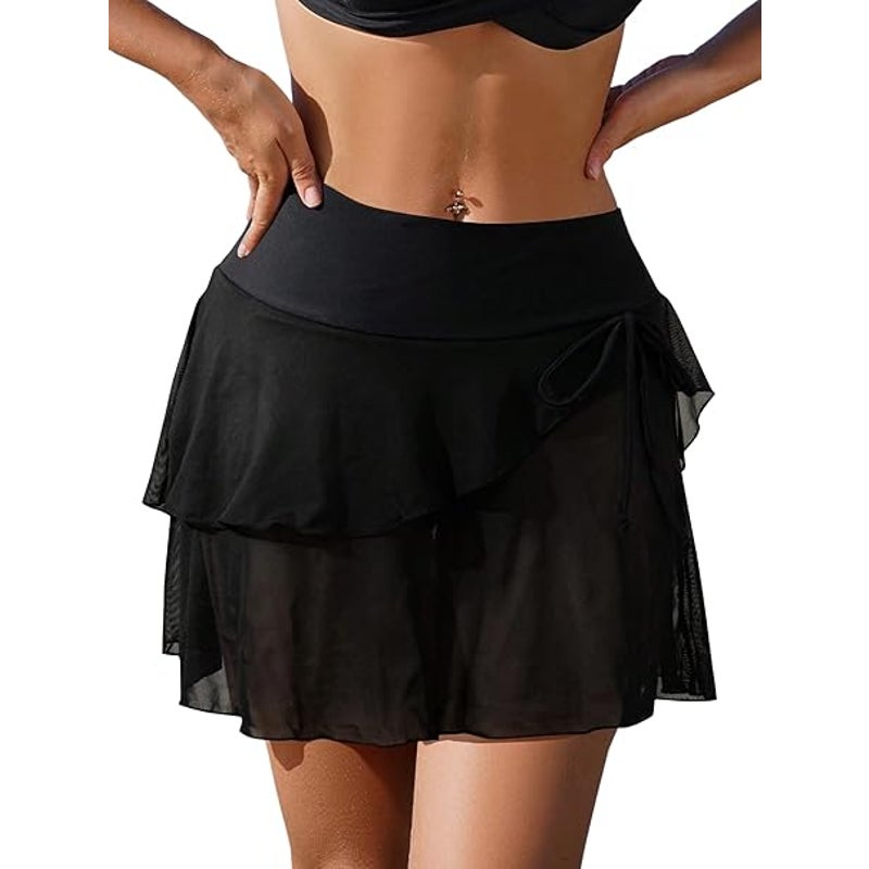 New Womens XL High Waisted Tummy Control Bikini Skirt Bottom w Ruffle Trim