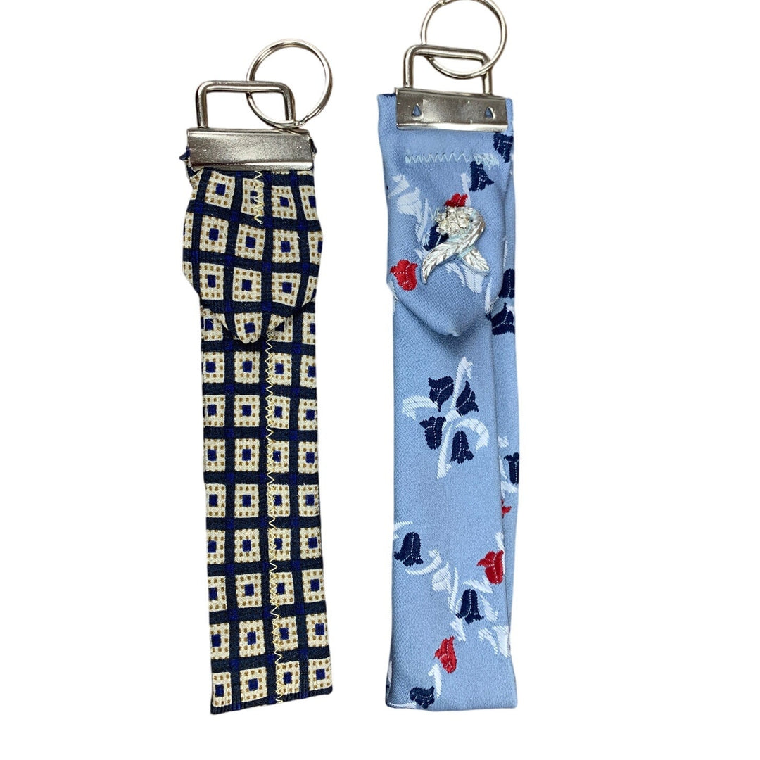 2 Handmade Upcycled Mens Tie Necktie Blue Floral Square Pattern Keychain Straps