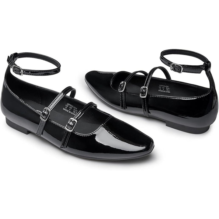 Trary Womens Size 6.5 Black Flats Closed Square Toe Ankle Buckle Straps Shoes