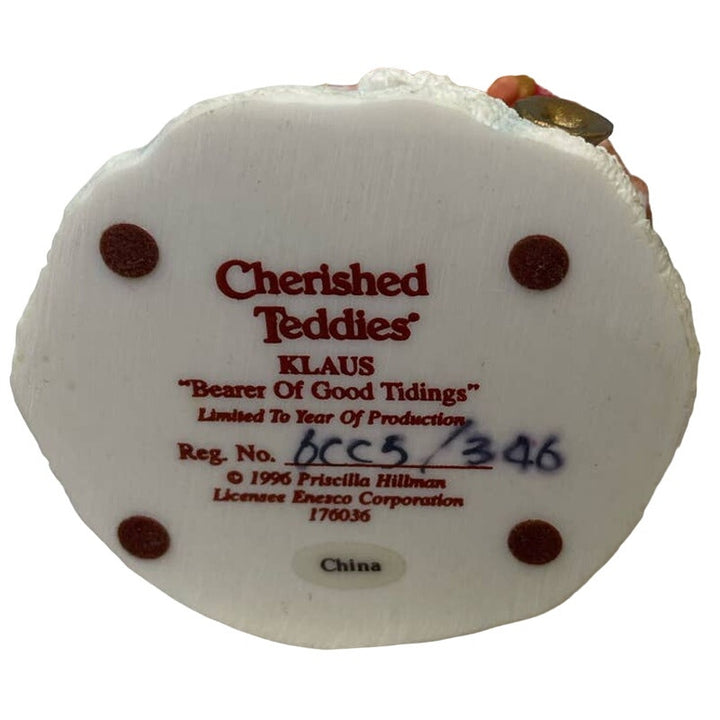 Vintage 1996 Cherished Teddies Klaus 176036 Christmas Santa Bearer Good Tidings