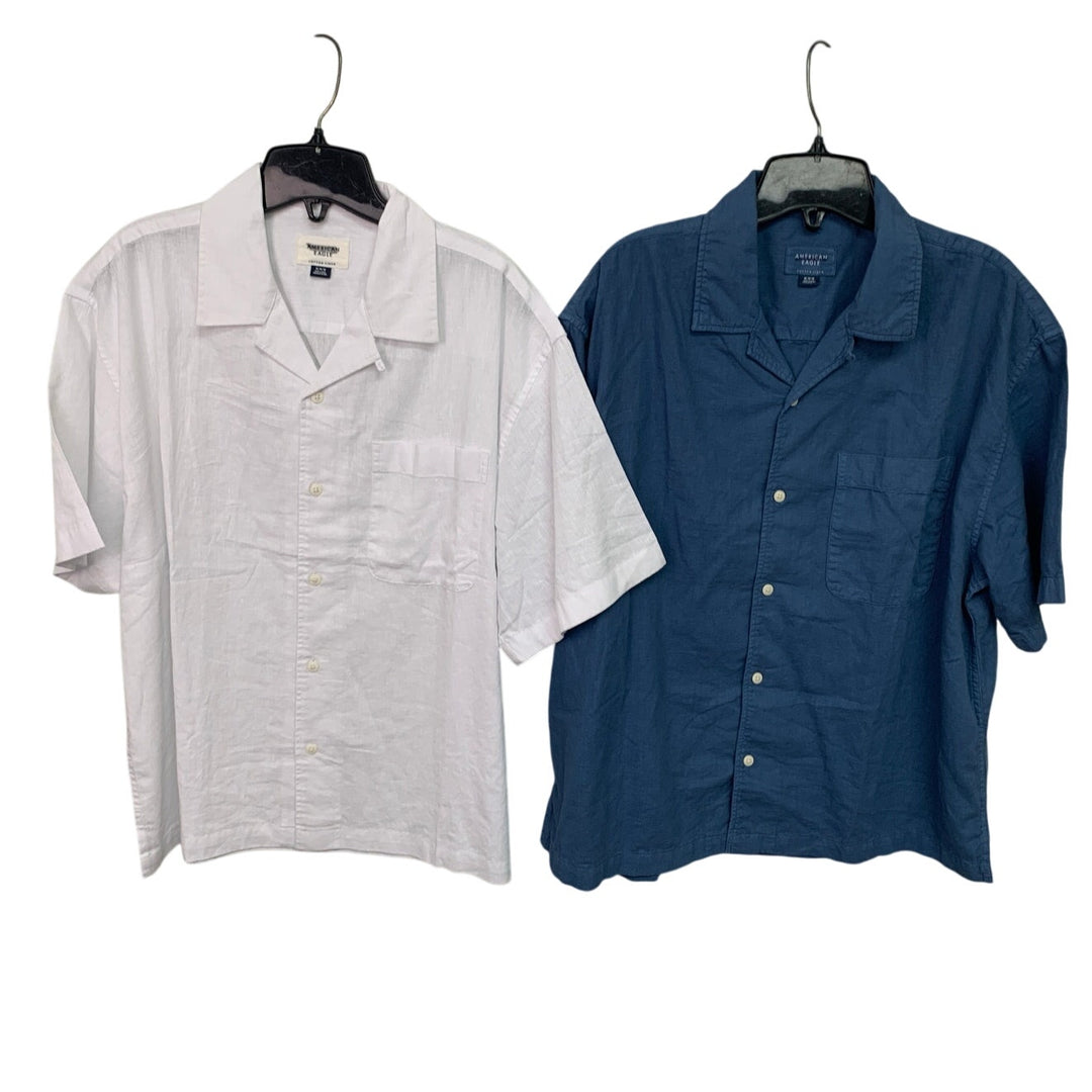 2 New American Eagle Mens Medium Blue White Short Sleeve Button Up Collar Shirts