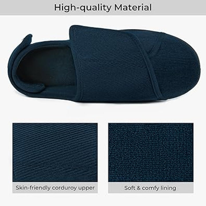 Home Top Mens Size 9 Navy Corduroy Adjustable Hook &amp; Loop Memory Foam Slippers