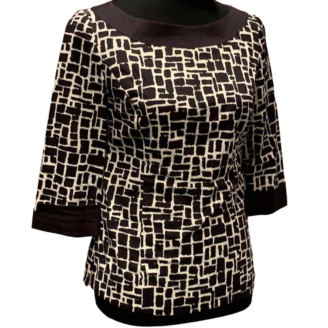 Ann Taylor Size 2 Stretch Cotton Side Zip Block Pattern 3/4 Sleeve Blouse Top