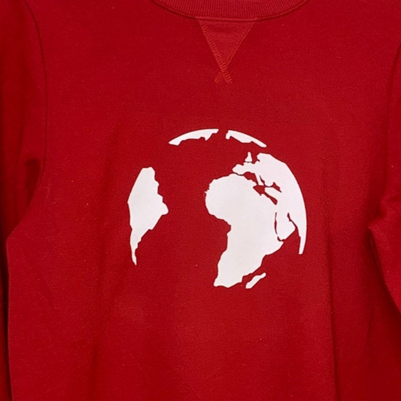 Upcycled Hand Printed Womens XS Red  Save The Earth World Long Sleeve Sweatshirt