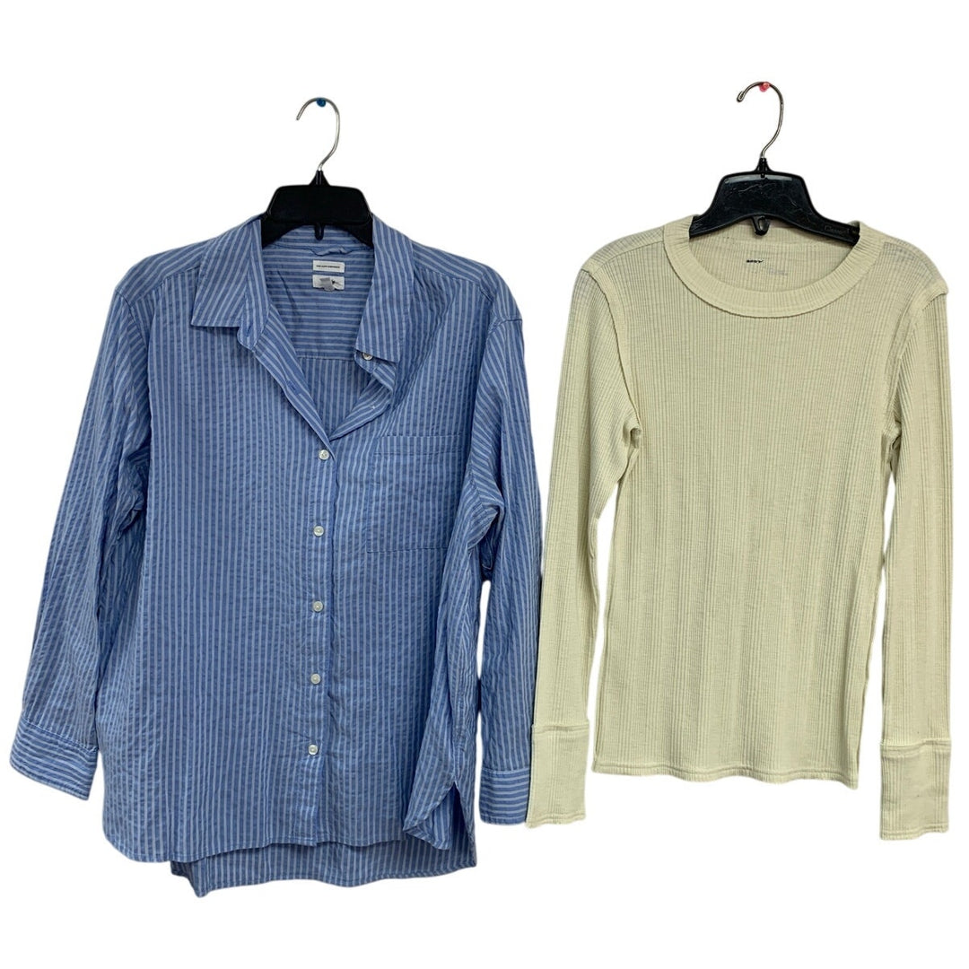 2 New Aerie Womens Small Long Sleeve Striped Button Up Shirt Ribbed Tops