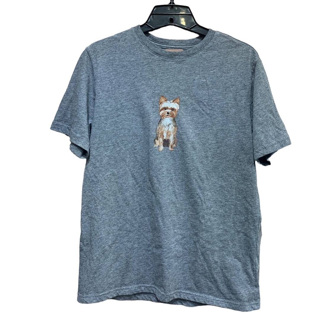 Hand Printed Upcycled Child XL Size 14-16 Yorkshire Terrier Yorkie Puppy Dog Tee