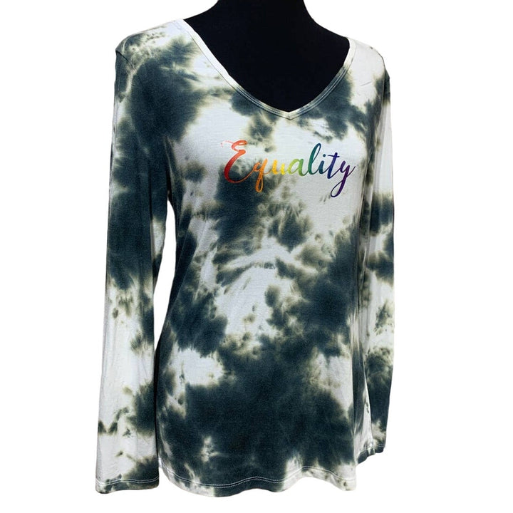 Hand Printed Upcycled Womens Small Equality Rainbow Pride VNeck Long Sleeve Tee