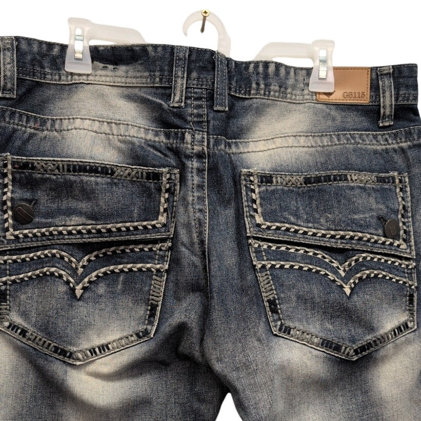 GS115 Mens 36X32 100% Cotton Factory Faded &amp; Distressed Embroidered Denim Jeans