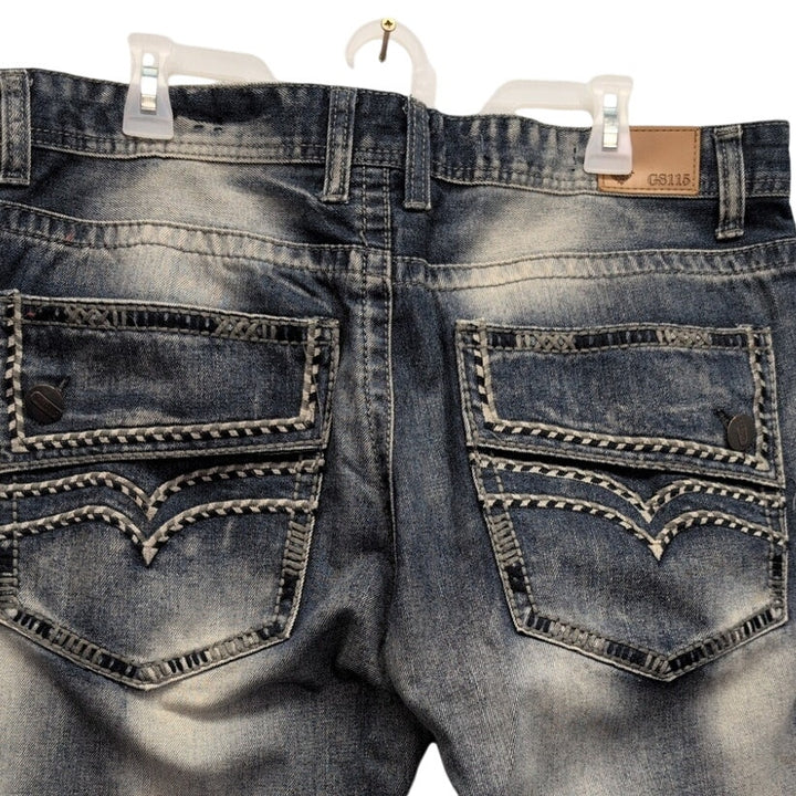 GS115 Mens 36X32 100% Cotton Factory Faded &amp; Distressed Embroidered Denim Jeans