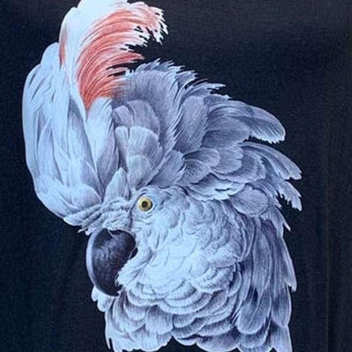 Upcycled Hand Printed Large White Cockatoo Parrot Ukraine Artist Fundraiser Tee