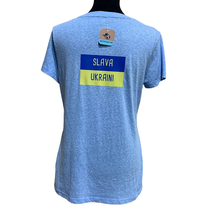 Upcycled Hand Printed Large Ukraine Peace Stork Bird Slava Ukraini Artist Tee