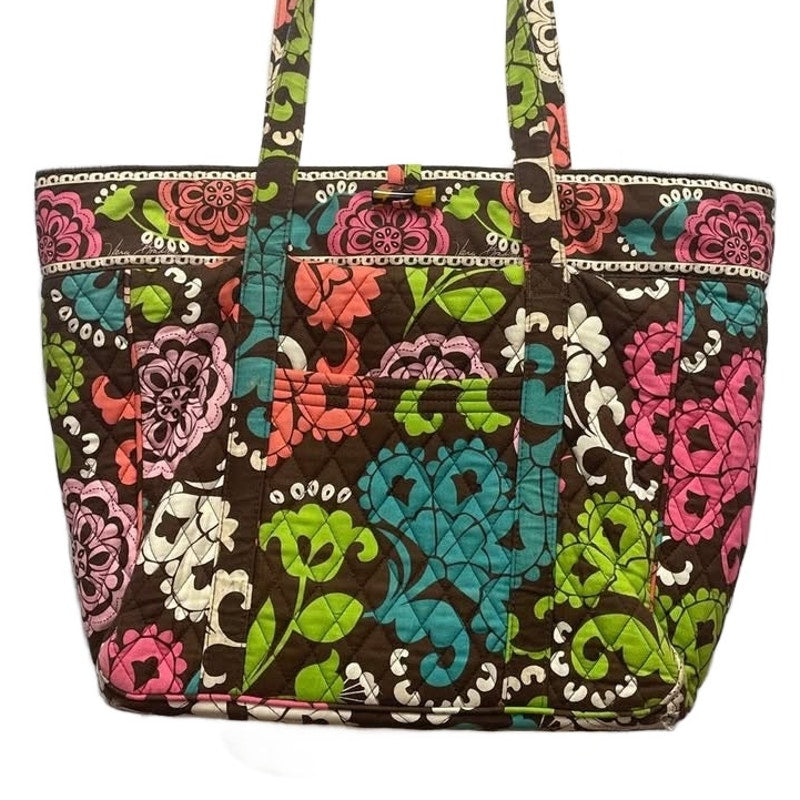 Vera Bradley Brown Pink Yellow Floral Quilted Fabric Handbag Purse Computer Bag
