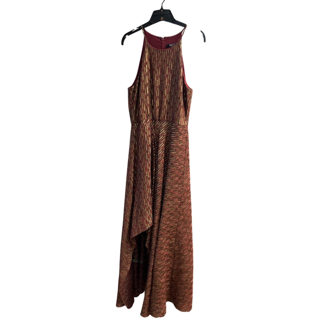 Badgley Mischka 18 Tall Ruby Metallic Gold Hi Low Leg Slit Halter Dress Gown