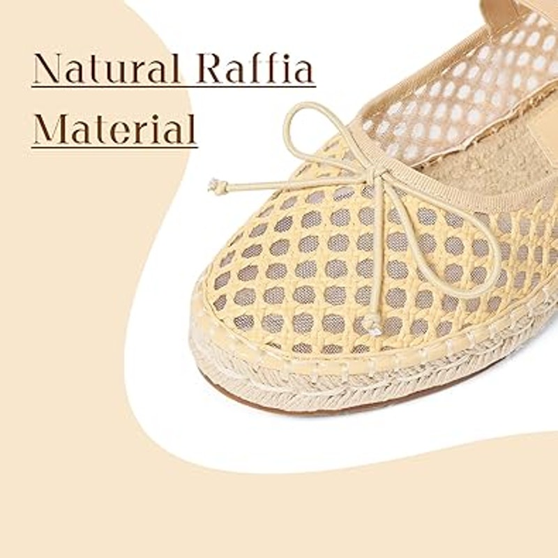 Mikarka Womens Size 8 Tan Mesh Espadrille Elastic Strap Bow Raffia Flats Shoes