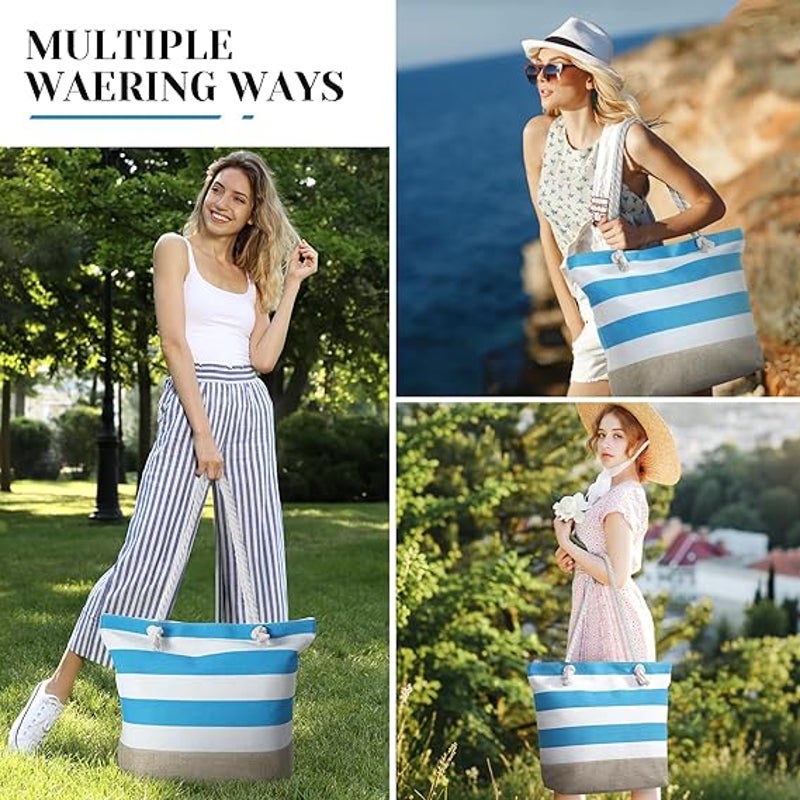 New Tavaleu Blue White Stripe Polyester Canvas Rope Handle Zip Shut Tote Bag