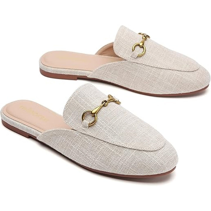 Minorsu Womens Size 8.5 Tan Gold Buckle Memory Foam Insole Low Heel Mule Shoes