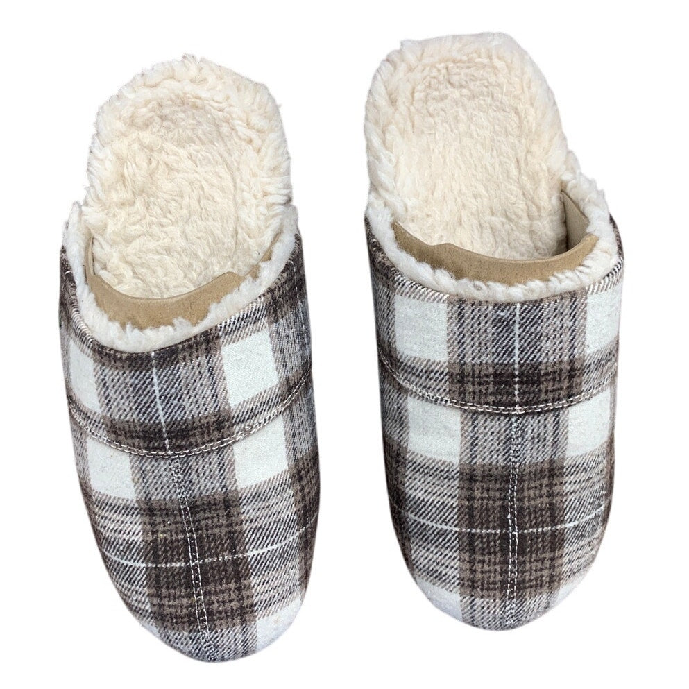 Vionic Mens Size 8 Brown White Plaid Memory Foam Slide On Mule Slippers Shoes