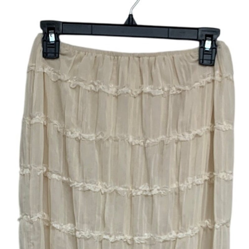 Womens Small Cream PolySpandex Lace Faux Tiered Lined Straight Maxi Skirt