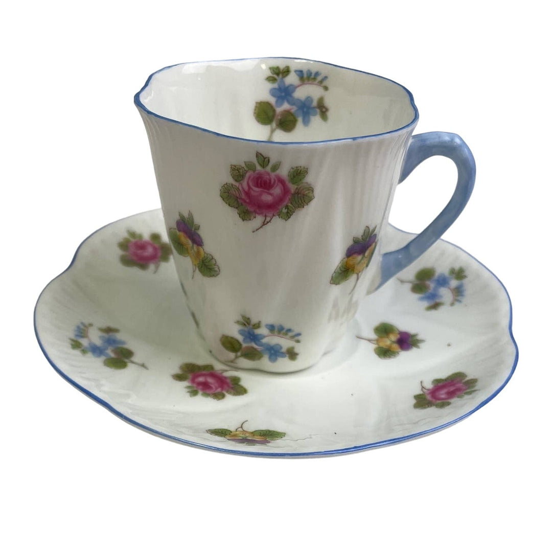 Vintage Shelley England Blue Trim Wildflowers Saucer Cup Fine Bone China Teacup