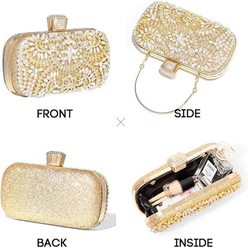 New Yokawe Womens Gold Silver Rhinestone Crystal Clutch Bag Purse Optional Chain