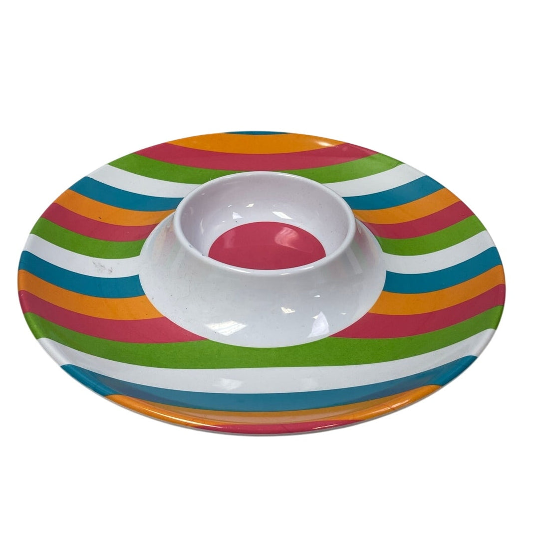 Fun Striped 15" Round Plastic Party Chip and Dip Tray w Attached Bowl