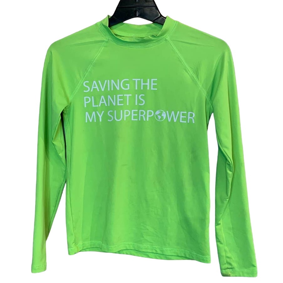 Hand Printed Upcycled Child Large Saving the Planet is My Superpower Active Tee