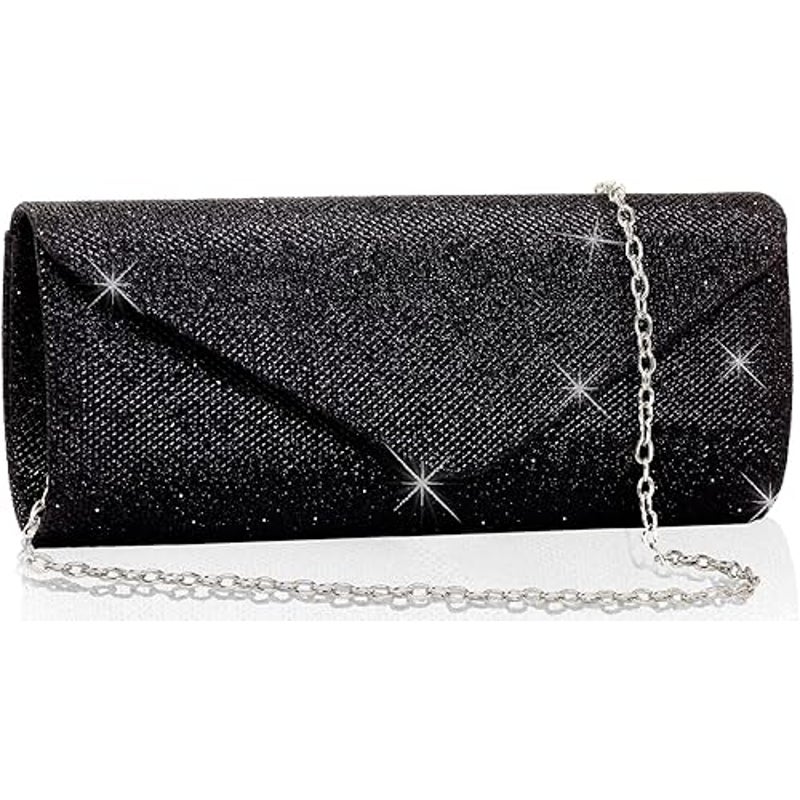 New Small Shiny Black Fabric Envelope Clutch Purse W Optional Shoulder Chain