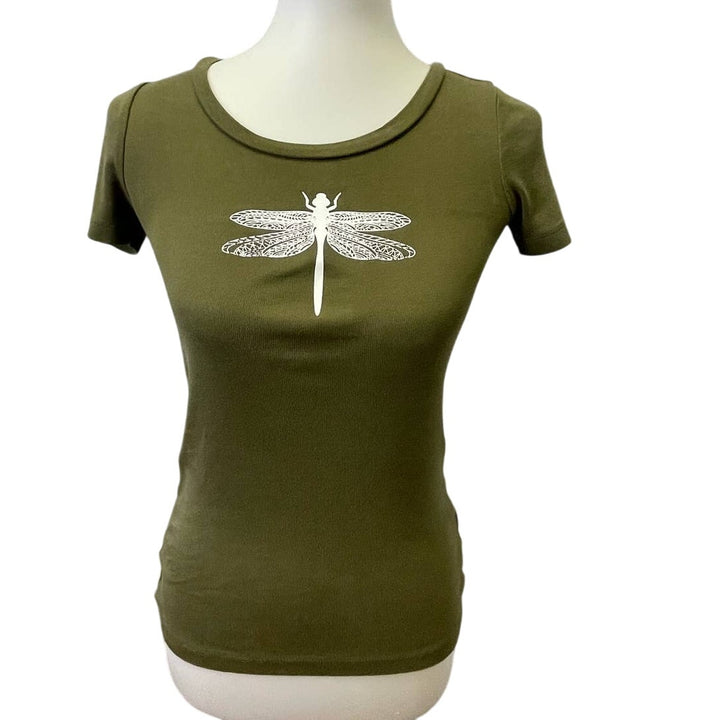 Hand Printed Upcycled XXS Dragonfly 100% Cotton Short Sleeve Crew Neck Tee Shirt