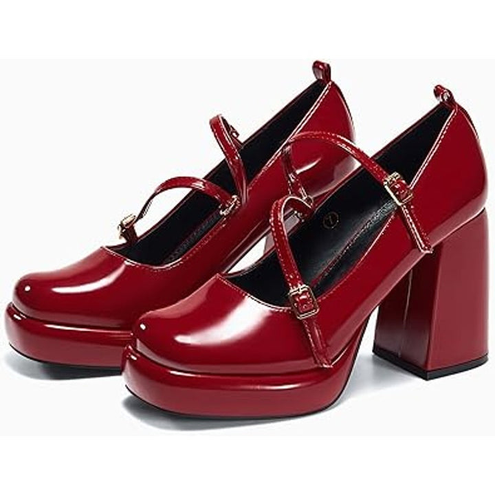 Coutgo Womens 7.5 Shiny Red 4" Chunky Heel Platform Mary Jane Closed Toe Shoes