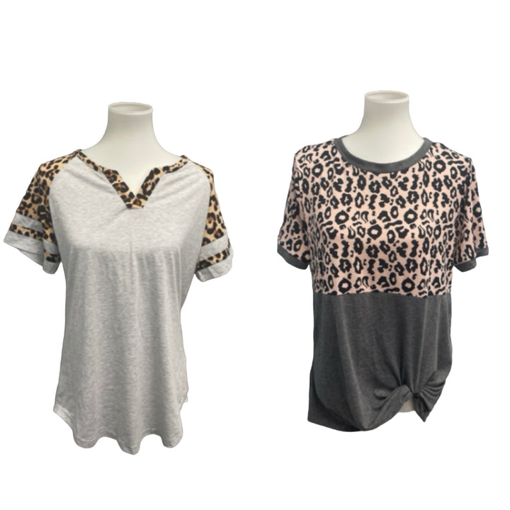 Lot of 2 Womens Large Leopard Spot PolyCotton Short Sleeve Tee Shirts