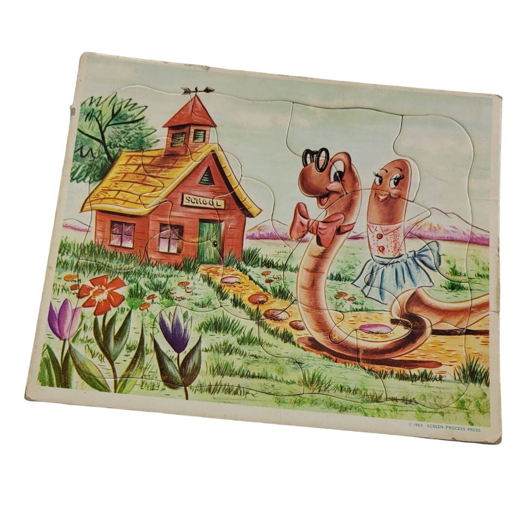 Vintage 1963 Screen Process Press Worms Going To School Cardboard Jigsaw Puzzle