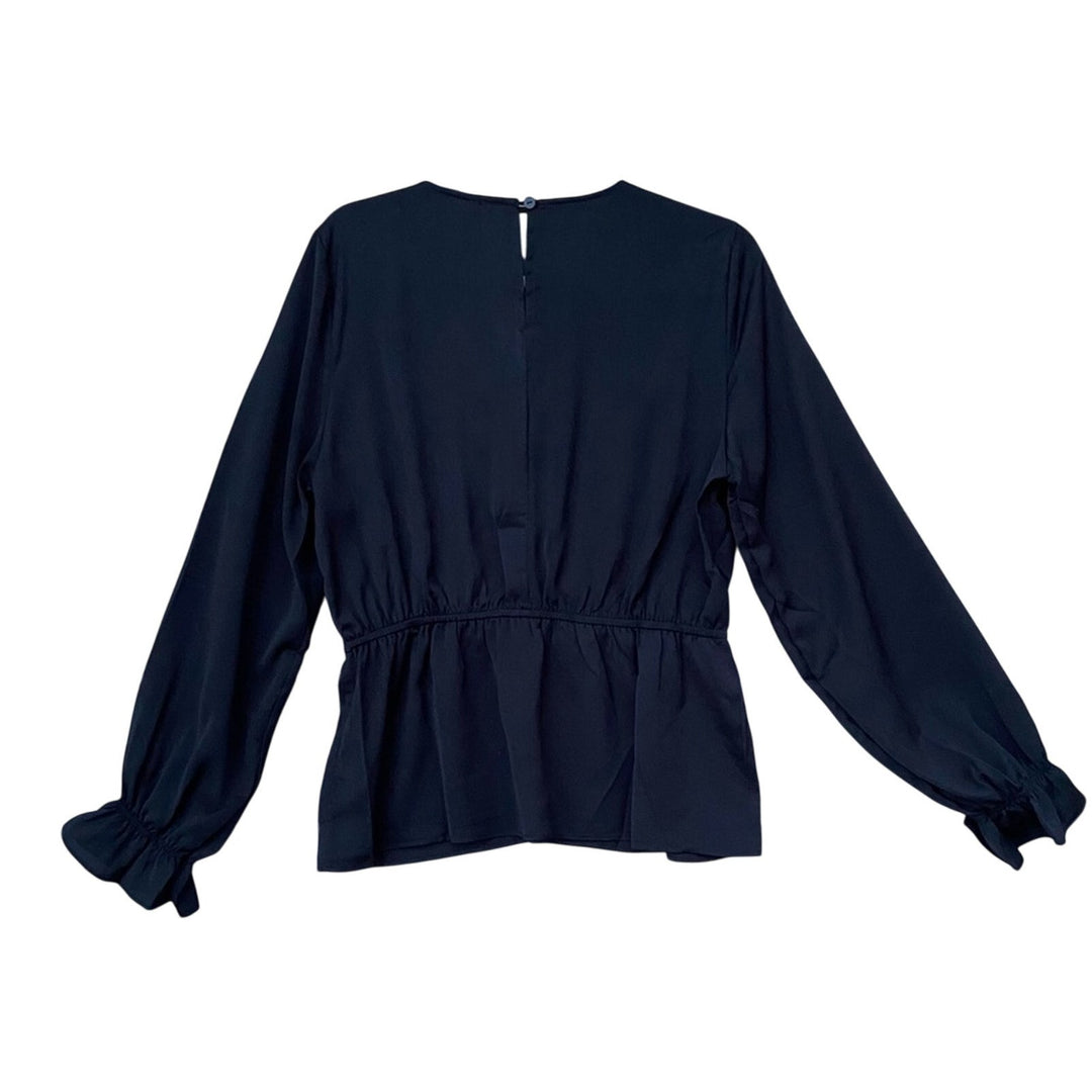 NWT New Mitto Shop Womens Medium Black V-Neck Lace Trim Peplum Blouse Top