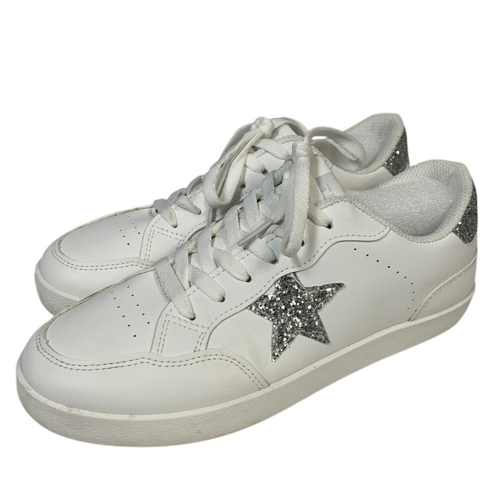 TimeJoy Womens Size 8 White Silver Glitter Sneakers Lace Up Low Top Tennis Shoes