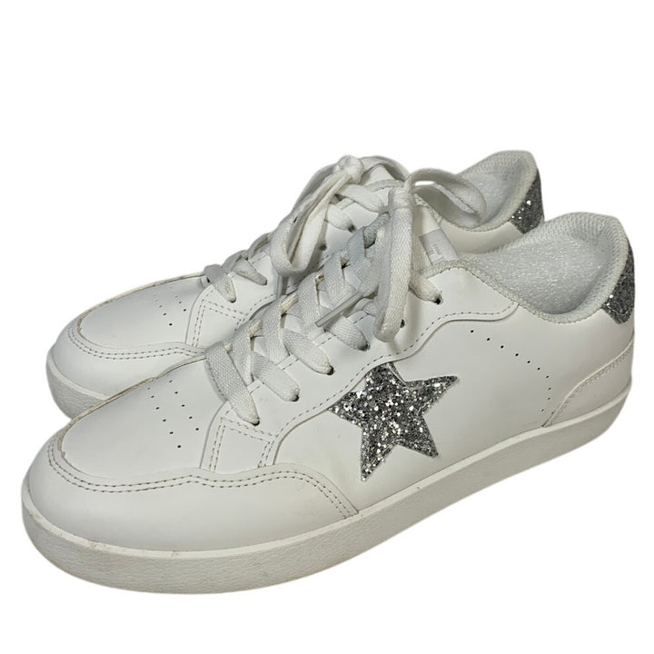 TimeJoy Womens Size 8 White Silver Glitter Sneakers Lace Up Low Top Tennis Shoes