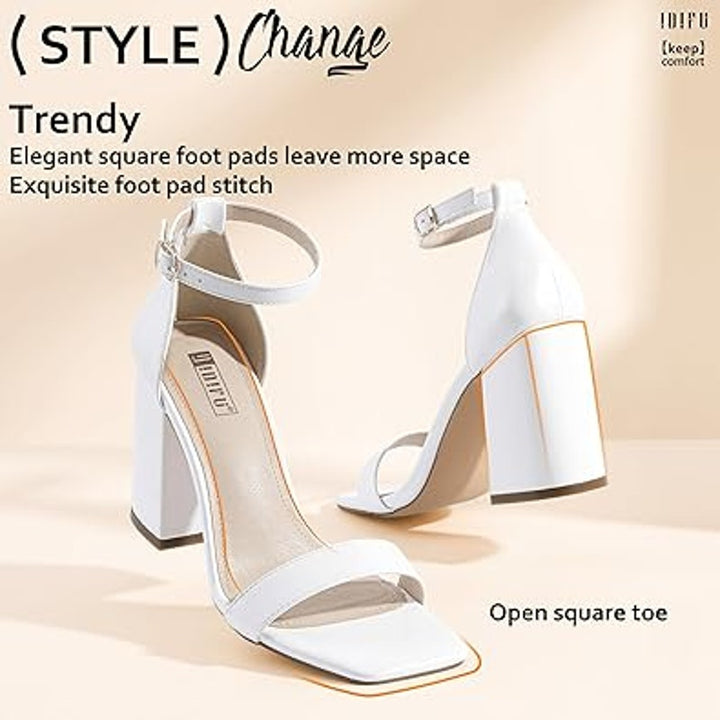 Idifu Womens Size 9 White Faux Leather 4" Block Heel Open Toe Ankle Strap Shoes