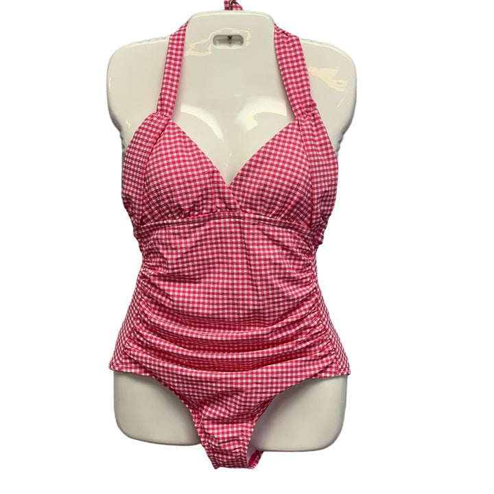 New Draper James Womens Retro Mod Small Pink Gingham Check One Piece Swim Suit