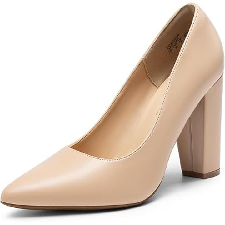 New Dream Pairs Womens Size 7.5 Tan Pointy Toe 4" Block Heel Slip On Pumps Shoes