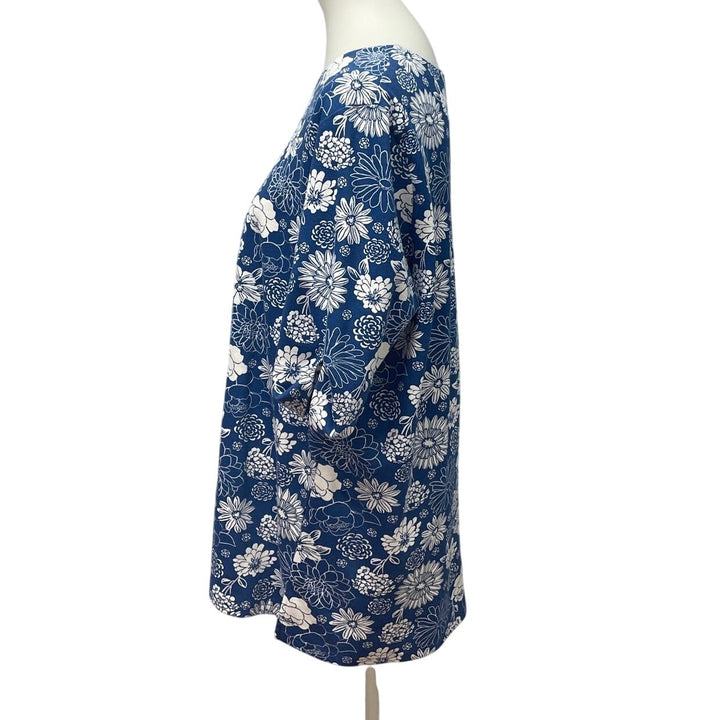 Blair Womens XL Blue White Floral Short Sleeve Cotton Blend Long Tee Shirt Tunic