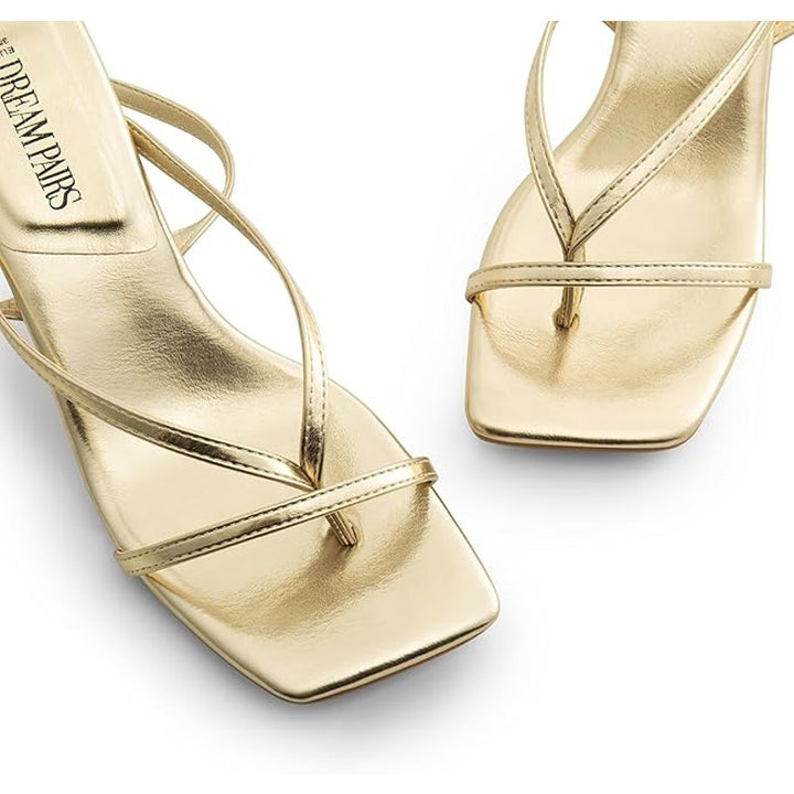 Dream Pairs Womens Size 7.5 Gold Open Toe Thong 3" Heel Ankle Strap Sandal Shoes