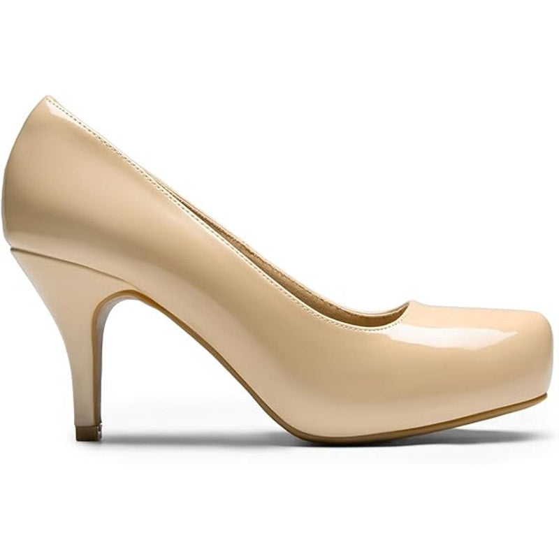 Dream Pairs Womens Size 8 Shiny Tan Closed Toe 3" Heel Slide On Platform Shoes
