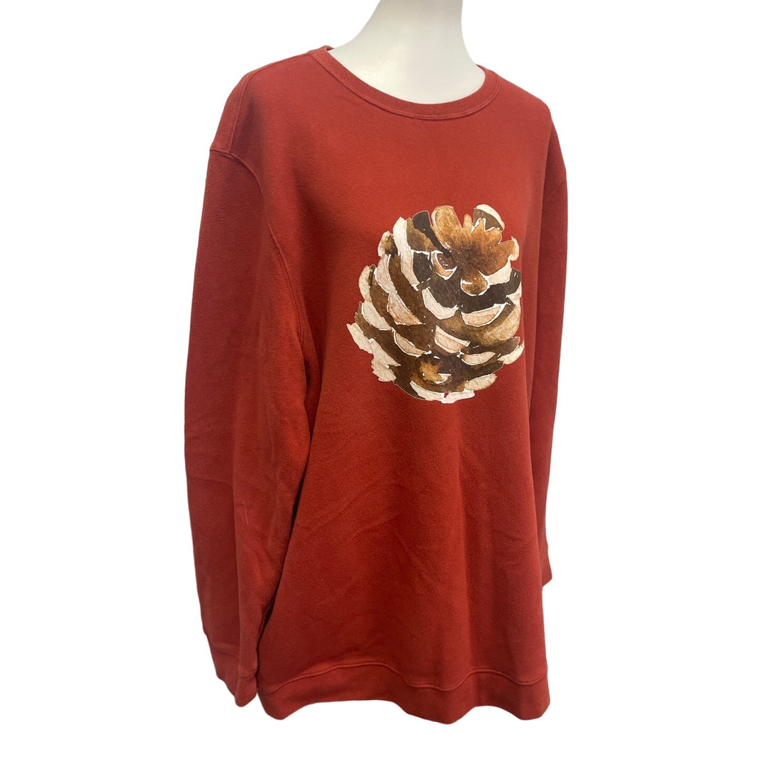 Hand Printed Upcycled Mens 2XLT Tall Woody Pine Cone Long Sleeve Sweatshirt