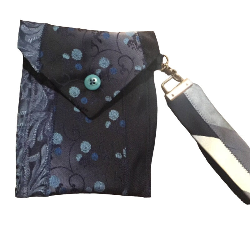 Handmade Upcycled Vintage Repurposed Blue Floral Neck Tie Wristlet Pouch Purse