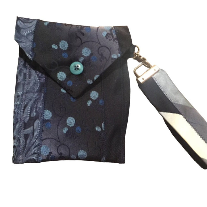 Handmade Upcycled Vintage Repurposed Blue Floral Neck Tie Wristlet Pouch Purse