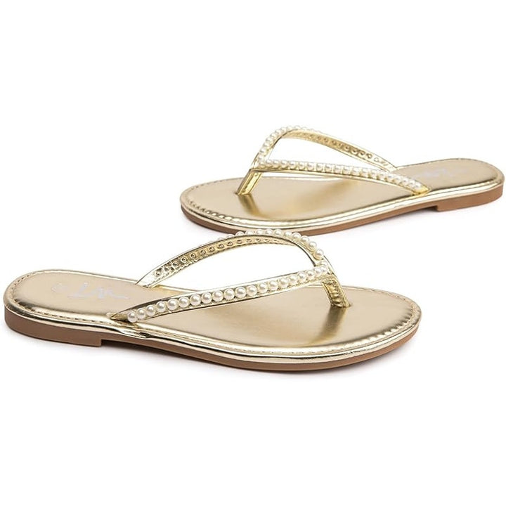 LM Womens Size 7 Shiny Gold Pearl Slide On Dressy Flip Flop Flats Thongs Sandals